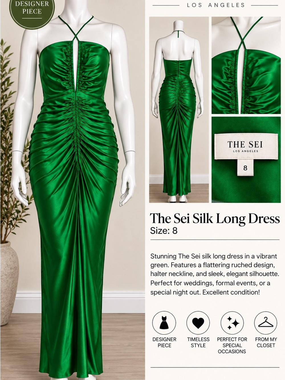The Sei Emerald Green Silk Ruched Halter Maxi Dress